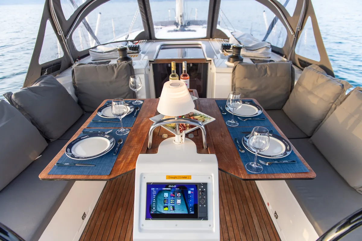 Deck of Karpouzi, a Bavaria C42 sailboat at Preveza, Greece