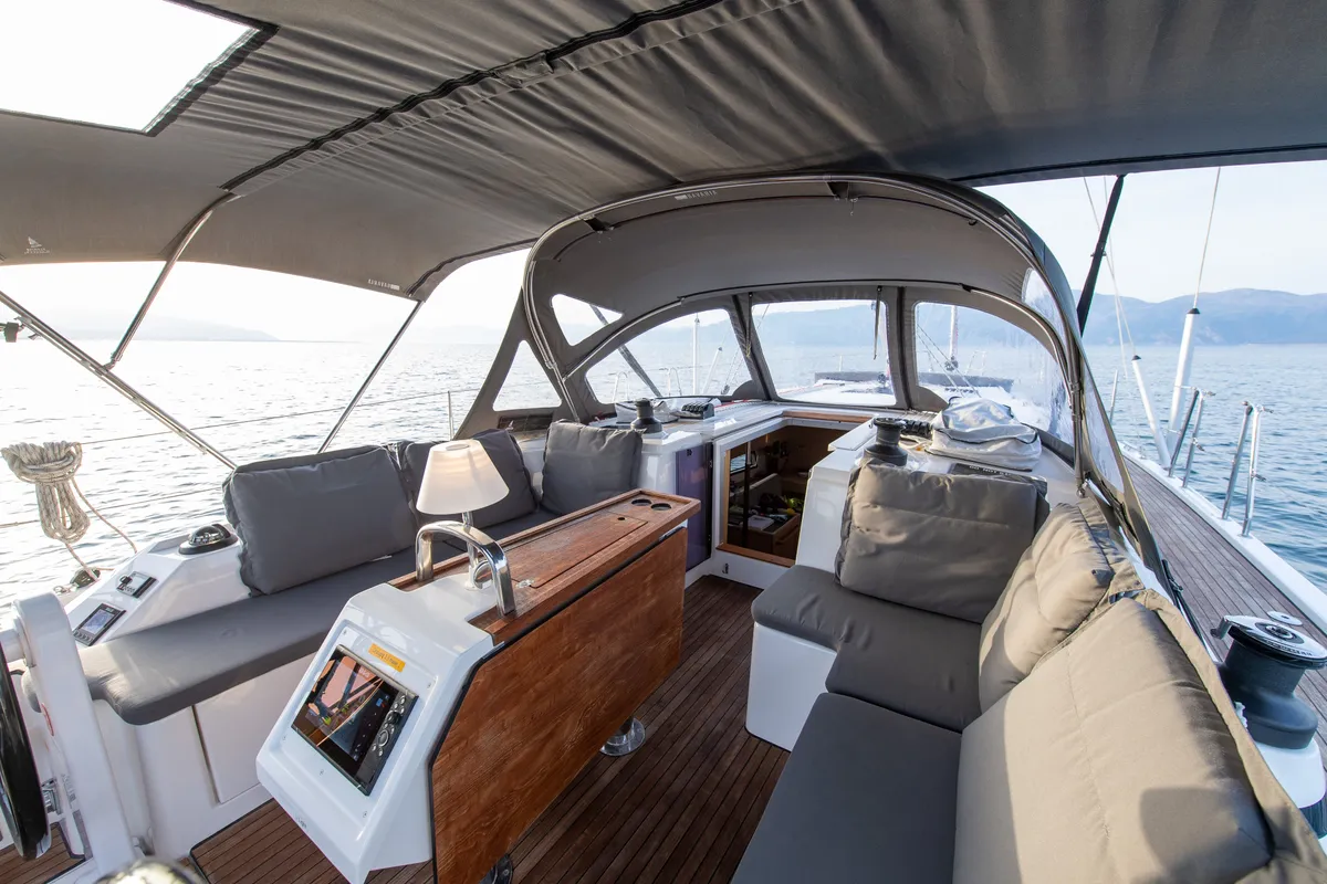 Deck of Karpouzi, a Bavaria C42 sailboat at Preveza, Greece
