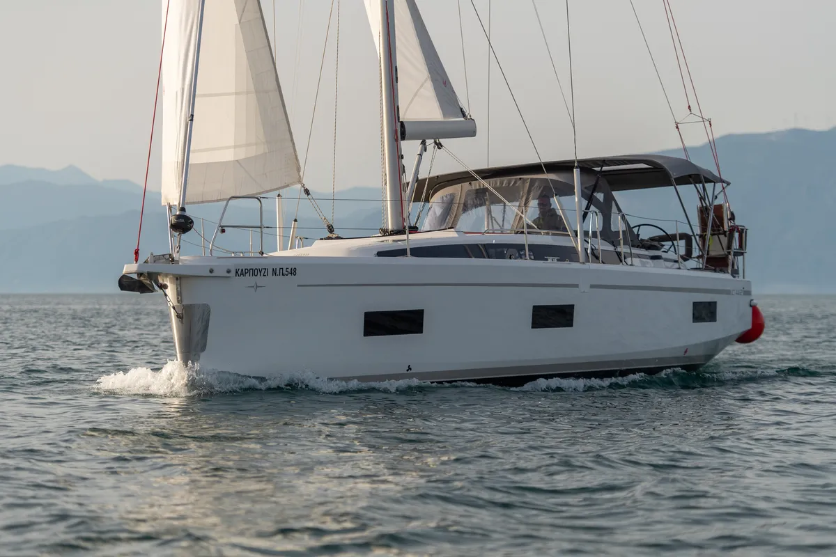 Exterior view of Karpouzi, a Bavaria C42 sailboat at Preveza, Greece