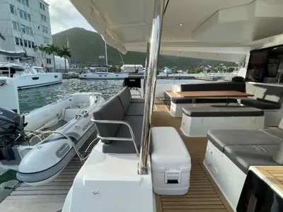 Deck of Ogibni, a Fountaine Pajot Elba 45 catamaran at Road Town, British Virgin Islands
