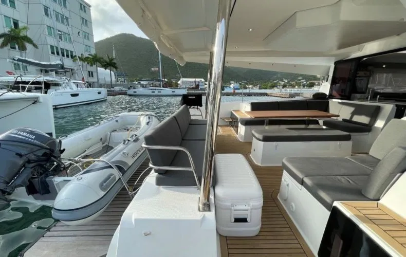 Deck of Ogibni, a Fountaine Pajot Elba 45 catamaran at Road Town, British Virgin Islands