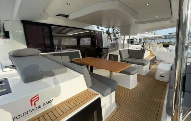 Deck of Ogibni, a Fountaine Pajot Elba 45 catamaran at Road Town, British Virgin Islands