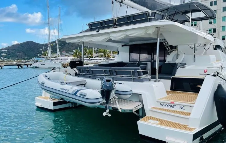 Exterior view of Ogibni, a Fountaine Pajot Elba 45 catamaran at Road Town, British Virgin Islands