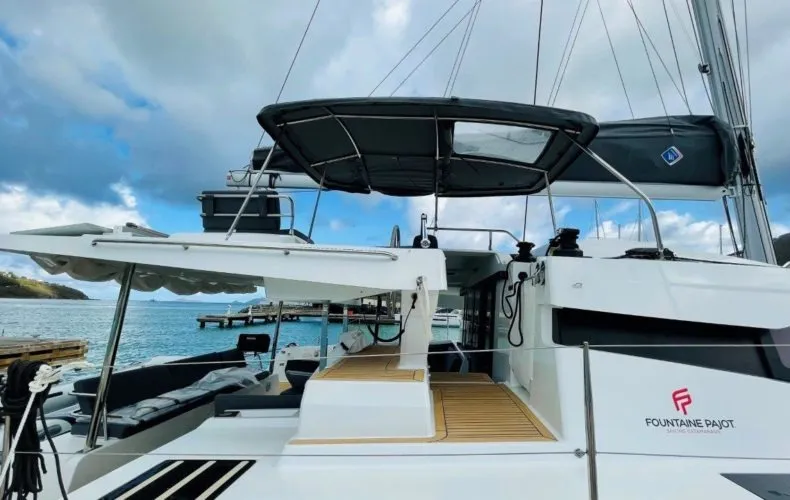Exterior view of Ogibni, a Fountaine Pajot Elba 45 catamaran at Road Town, British Virgin Islands
