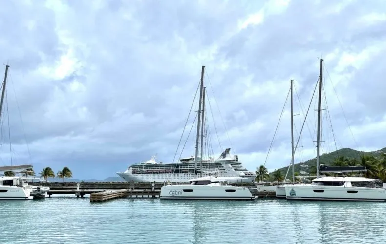 Exterior view of Ogibni, a Fountaine Pajot Elba 45 catamaran at Road Town, British Virgin Islands