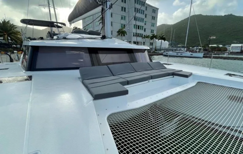 Deck of Ogibni, a Fountaine Pajot Elba 45 catamaran at Road Town, British Virgin Islands