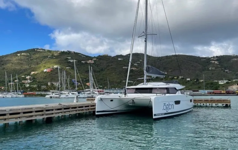 Exterior view of Ogibni, a Fountaine Pajot Elba 45 catamaran at Road Town, British Virgin Islands