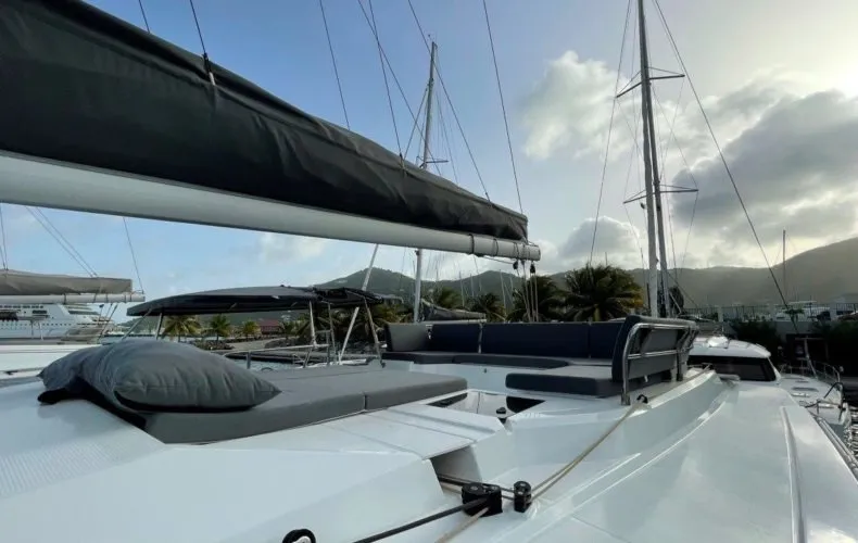 Deck of Ogibni, a Fountaine Pajot Elba 45 catamaran at Road Town, British Virgin Islands