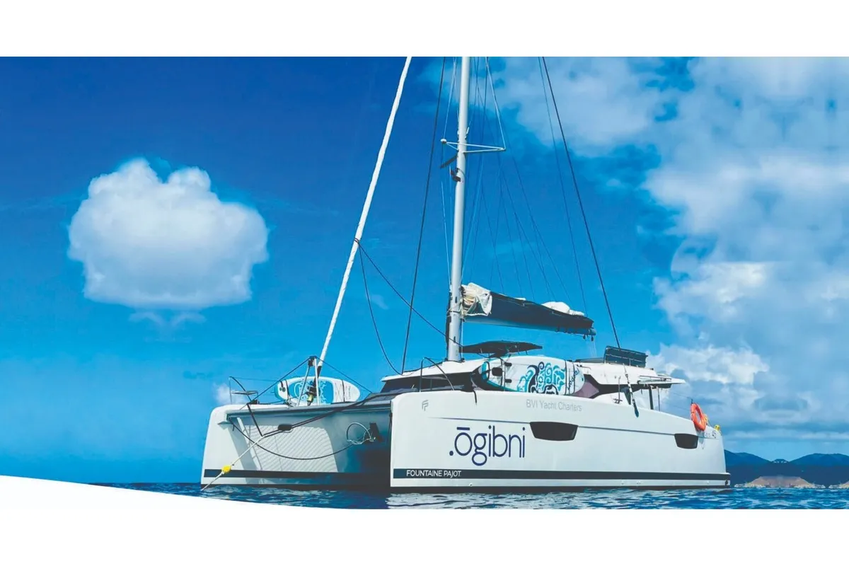 Exterior view of Ogibni, a Fountaine Pajot Elba 45 catamaran at Road Town, British Virgin Islands