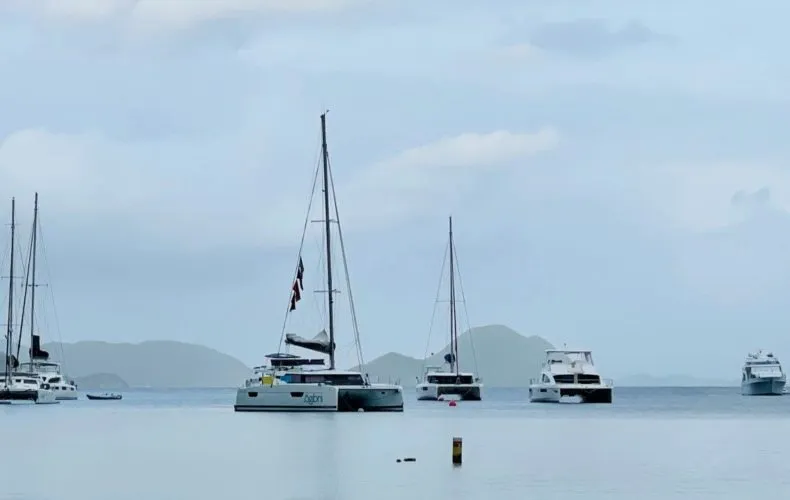 Exterior view of Ogibni, a Fountaine Pajot Elba 45 catamaran at Road Town, British Virgin Islands