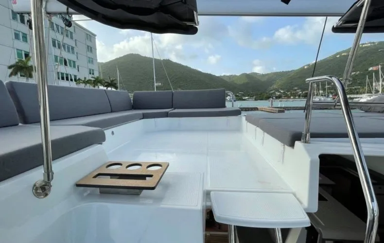Deck of Ogibni, a Fountaine Pajot Elba 45 catamaran at Road Town, British Virgin Islands