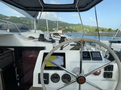 Cockpit of Ogibni, a Fountaine Pajot Elba 45 catamaran at Road Town, British Virgin Islands