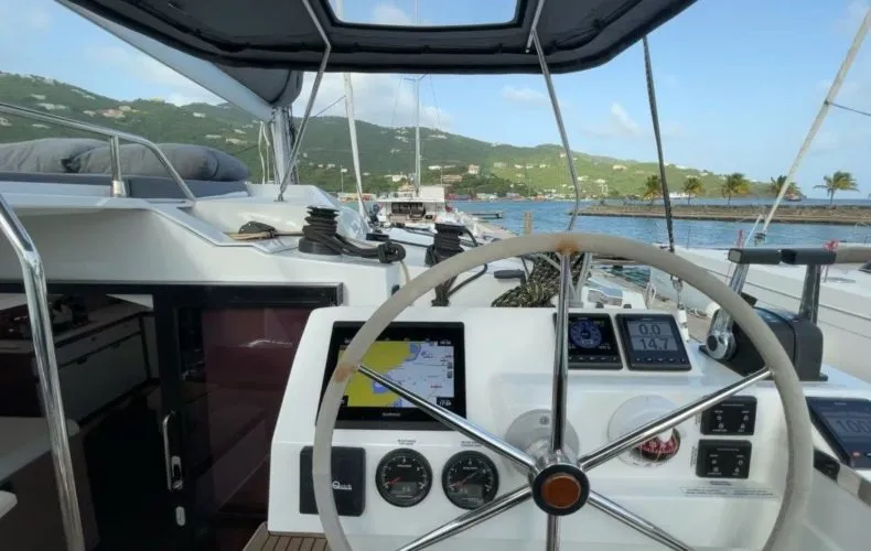 Cockpit of Ogibni, a Fountaine Pajot Elba 45 catamaran at Road Town, British Virgin Islands