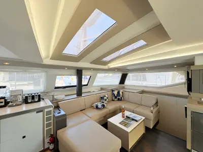 Salon of Ogibni, a Fountaine Pajot Elba 45 catamaran at Road Town, British Virgin Islands