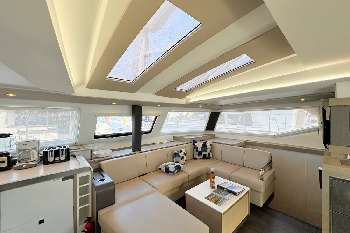Salon of Ogibni, a Fountaine Pajot Elba 45 catamaran at Road Town, British Virgin Islands