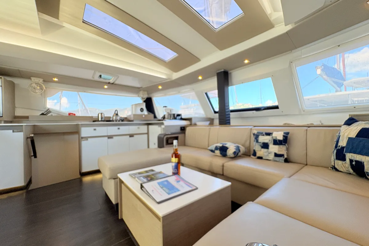 Salon of Ogibni, a Fountaine Pajot Elba 45 catamaran at Road Town, British Virgin Islands