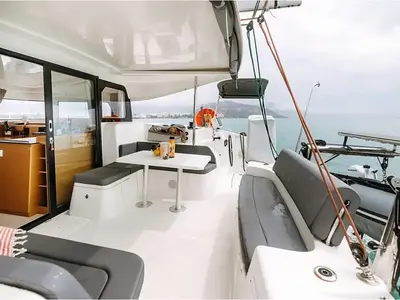 Cockpit of Lydia, a Excess 11 catamaran at Municipal Unit of Lefkada, Greece