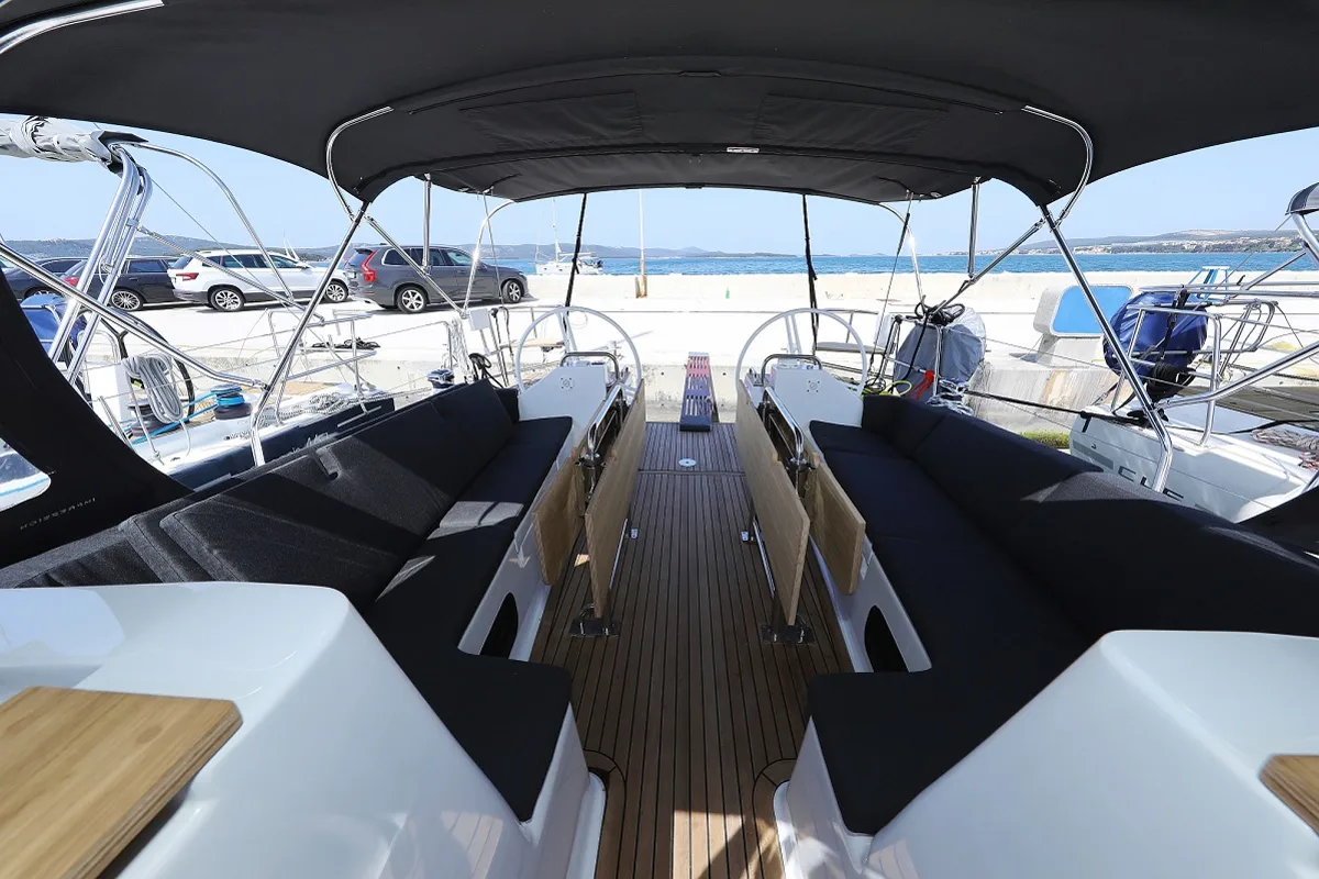 Cockpit of Jackpot, a Elan Impression 45.1 sailboat at Biograd na Moru, Croatia