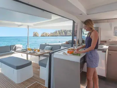 Galley of Our Dream, a Fountaine Pajot Elba 45 catamaran at es Jonquet, Spain