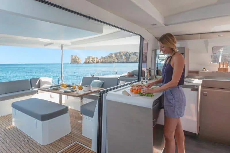 Galley of Our Dream, a Fountaine Pajot Elba 45 catamaran at es Jonquet, Spain
