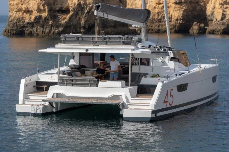 Exterior view of Our Dream, a Fountaine Pajot Elba 45 catamaran at es Jonquet, Spain