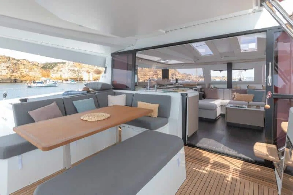 Deck of Our Dream, a Fountaine Pajot Elba 45 catamaran at es Jonquet, Spain