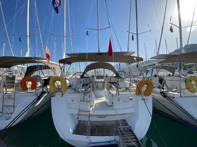 Cockpit of Safina, a Jeanneau Sun Odyssey 45 sailboat at Fethiye, Turkey