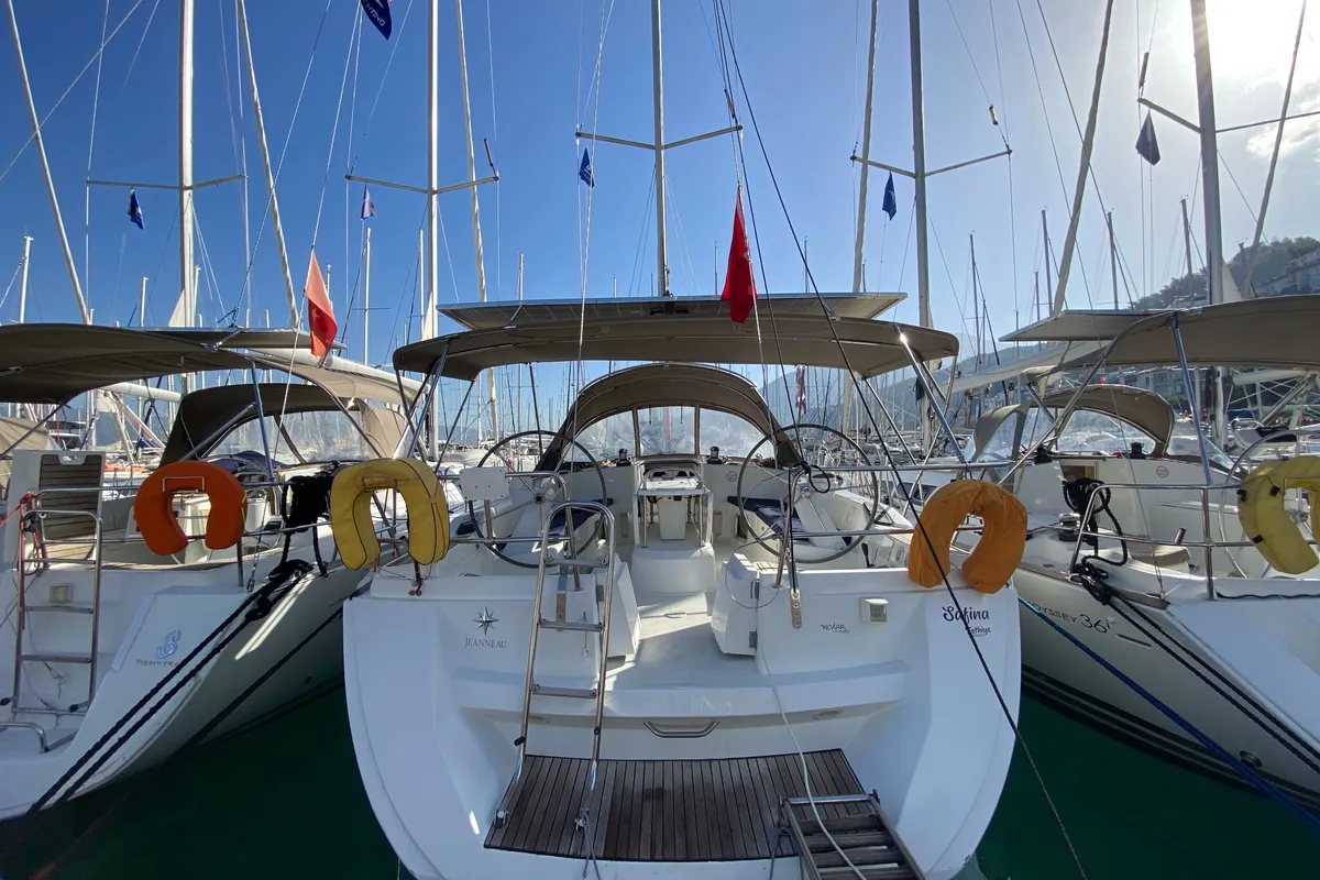 Cockpit of Safina, a Jeanneau Sun Odyssey 45 sailboat at Fethiye, Turkey