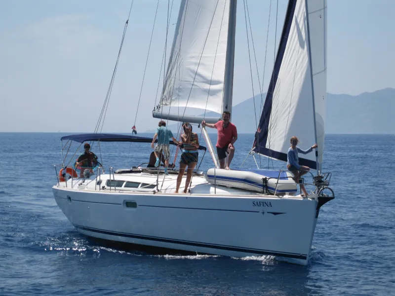 Exterior view of Safina, a Jeanneau Sun Odyssey 45 sailboat at Fethiye, Turkey