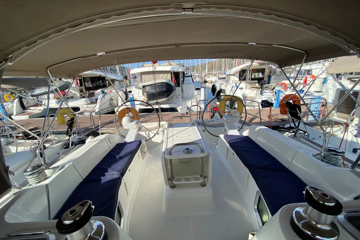 Cockpit of Safina, a Jeanneau Sun Odyssey 45 sailboat at Fethiye, Turkey