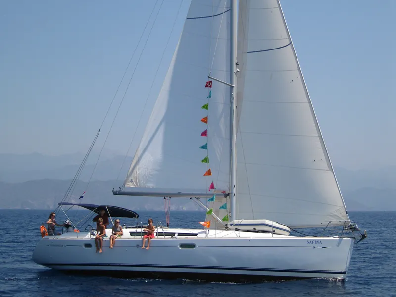 Exterior view of Safina, a Jeanneau Sun Odyssey 45 sailboat at Fethiye, Turkey