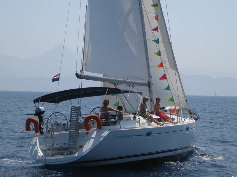 Exterior view of Safina, a Jeanneau Sun Odyssey 45 sailboat at Fethiye, Turkey