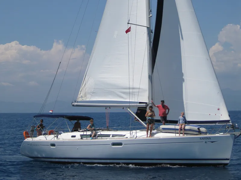 Exterior view of Safina, a Jeanneau Sun Odyssey 45 sailboat at Fethiye, Turkey