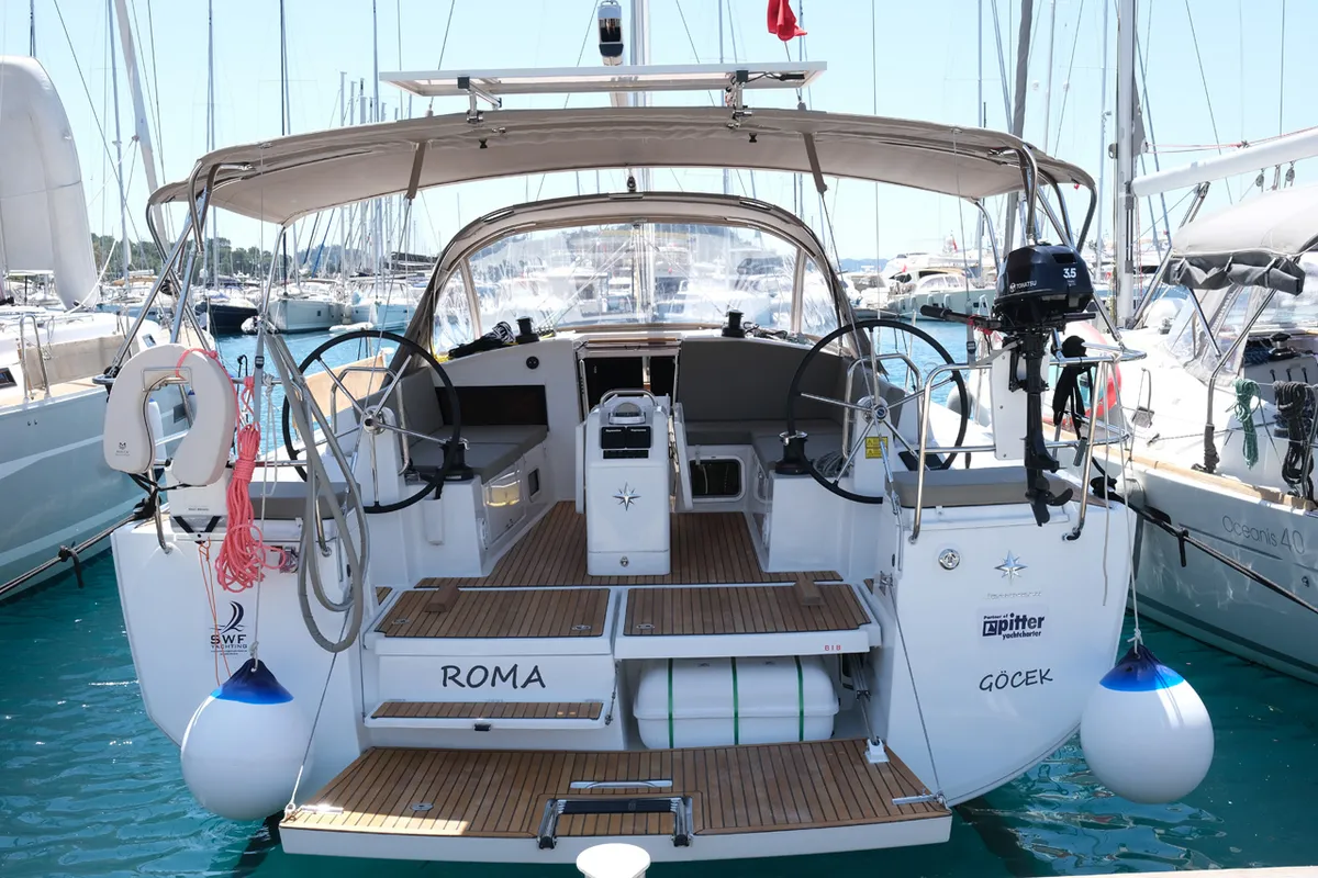 Cockpit of Roma, a Jeanneau Sun Odyssey 440 sailboat at Fethiye, Turkey