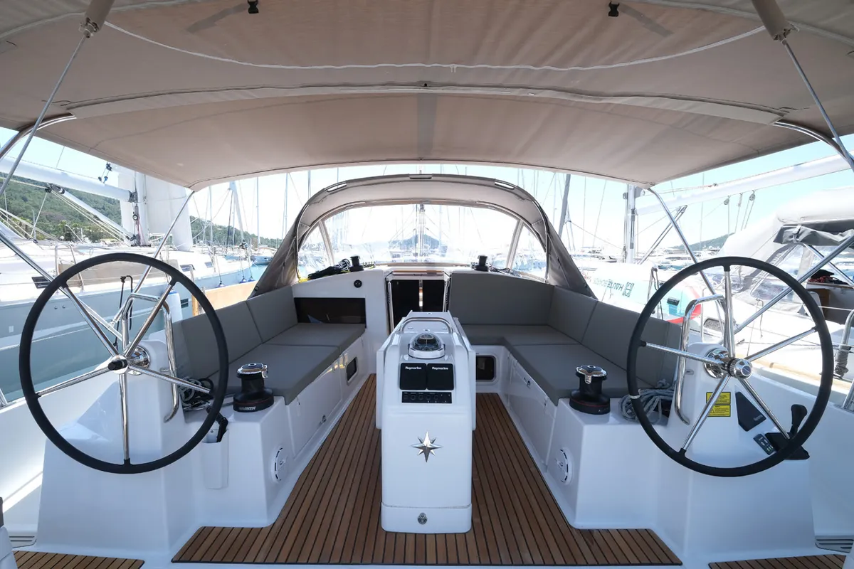 Cockpit of Roma, a Jeanneau Sun Odyssey 440 sailboat at Fethiye, Turkey