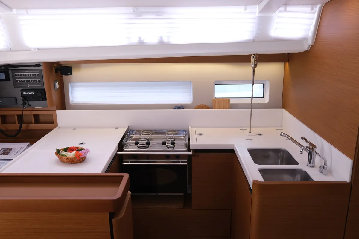 Galley of Roma, a Jeanneau Sun Odyssey 440 sailboat at Fethiye, Turkey