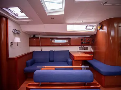 Salon of Angelina, a Beneteau Oceanis 54 sailboat at Volos, Greece