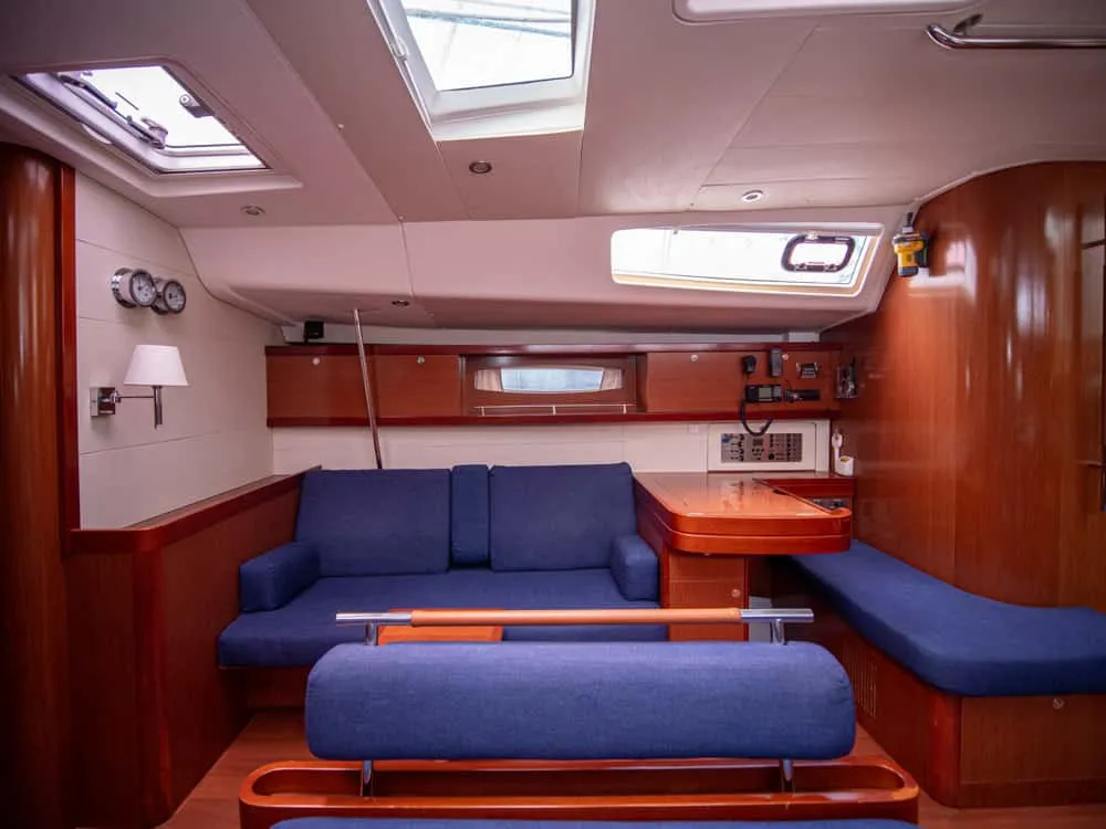 Salon of Angelina, a Beneteau Oceanis 54 sailboat at Volos, Greece