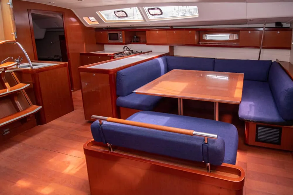 Salon of Angelina, a Beneteau Oceanis 54 sailboat at Volos, Greece