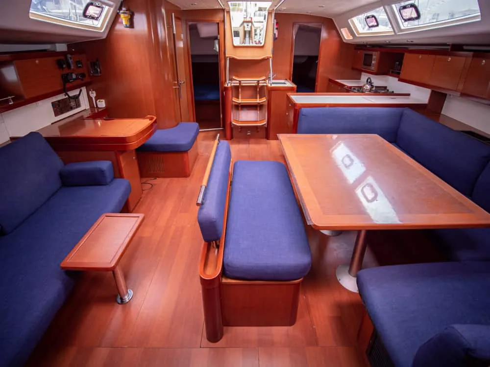 Salon of Angelina, a Beneteau Oceanis 54 sailboat at Volos, Greece