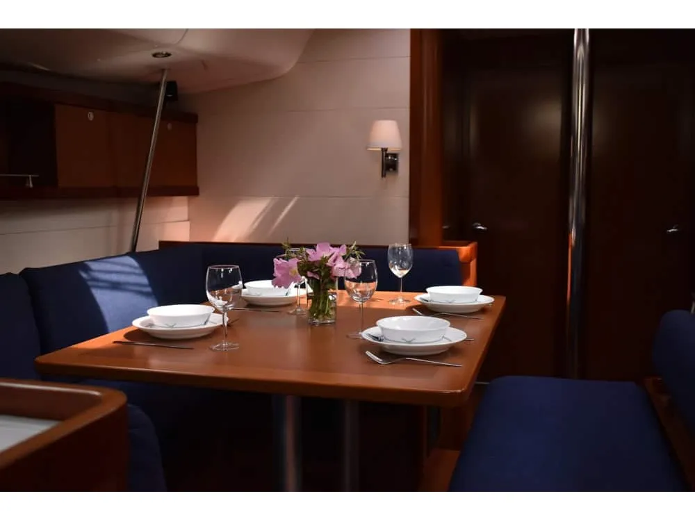 Salon of Angelina, a Beneteau Oceanis 54 sailboat at Volos, Greece