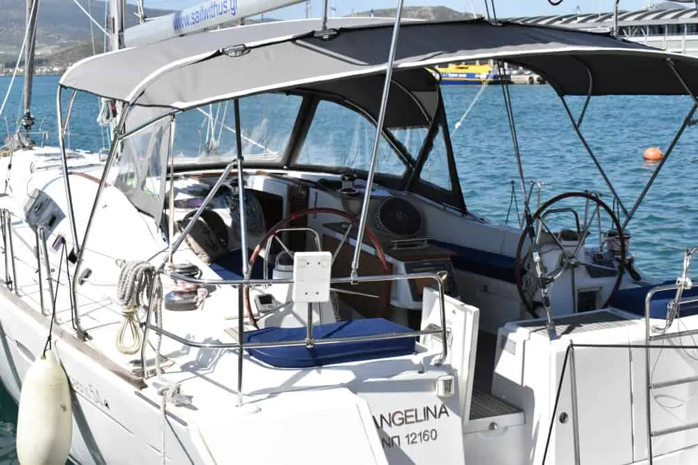 Cockpit of Angelina, a Beneteau Oceanis 54 sailboat at Volos, Greece