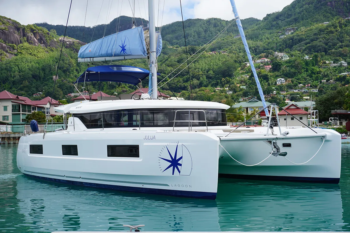Exterior view of PRINCESS JULIJA, a Lagoon 46 catamaran at Roche Caiman, Seychelles