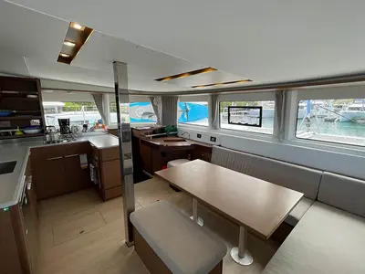 Salon of PRINCESS JULIJA, a Lagoon 46 catamaran at Roche Caiman, Seychelles