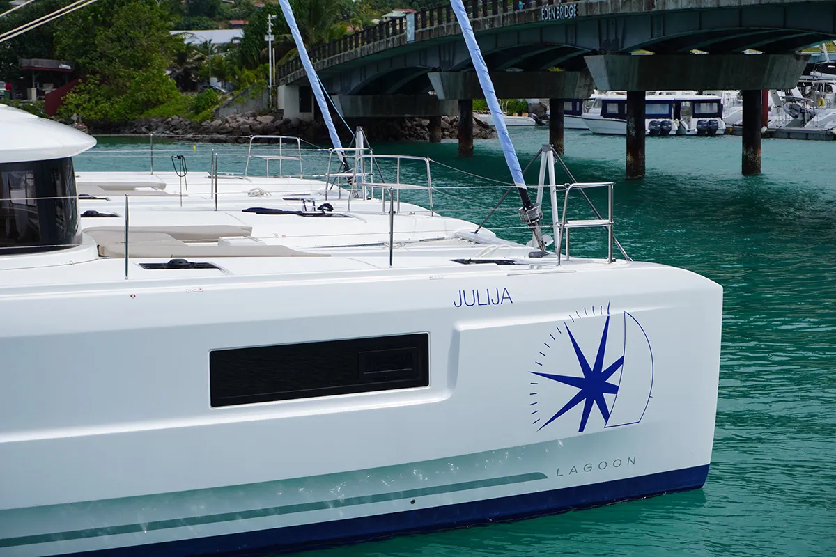 Exterior view of PRINCESS JULIJA, a Lagoon 46 catamaran at Roche Caiman, Seychelles
