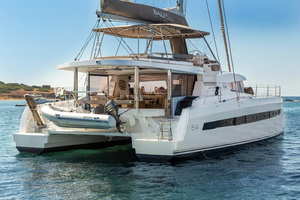 Exterior view of License to Chill (crewed), a Bali 5.4 catamaran at Athens, Greece