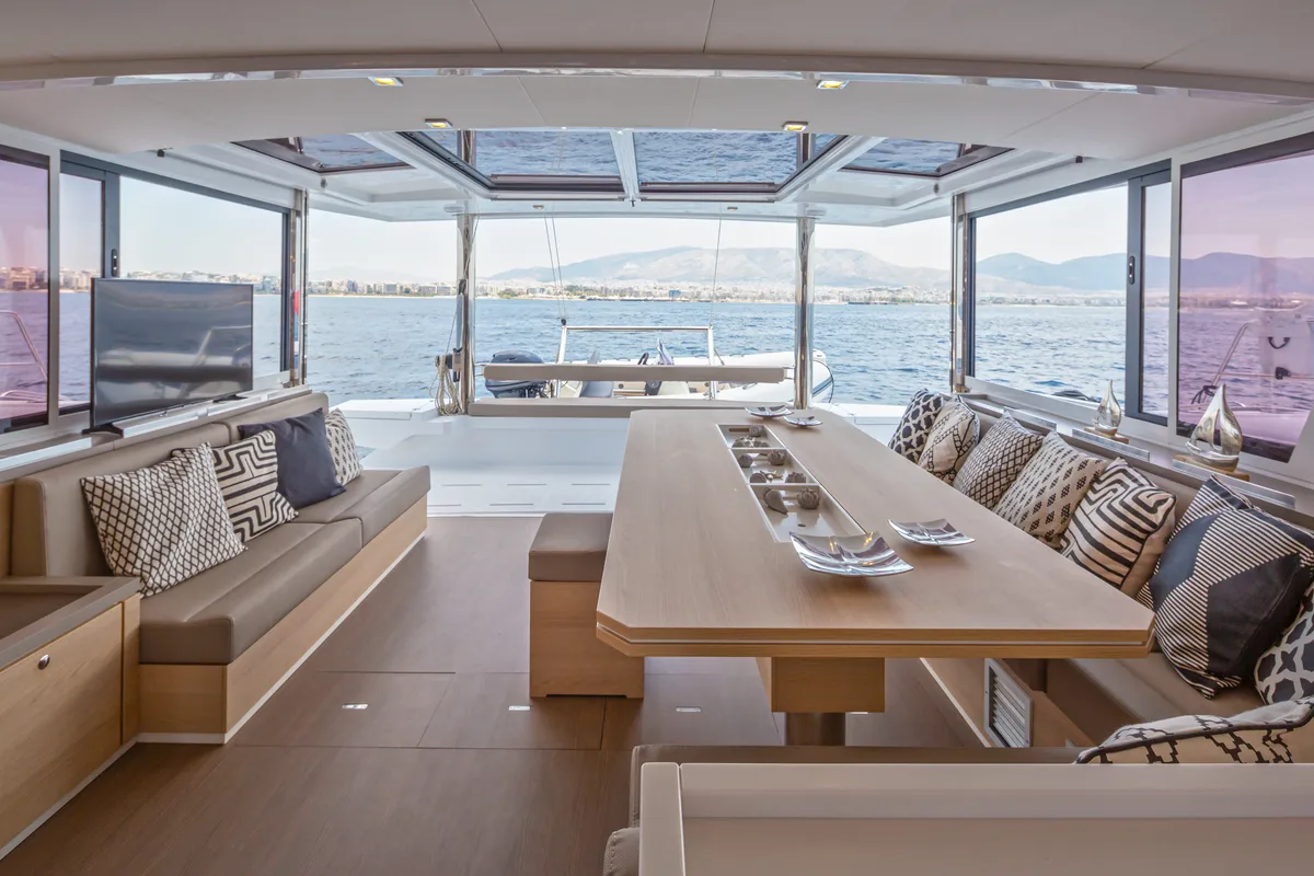 Salon of License to Chill (crewed), a Bali 5.4 catamaran at Athens, Greece
