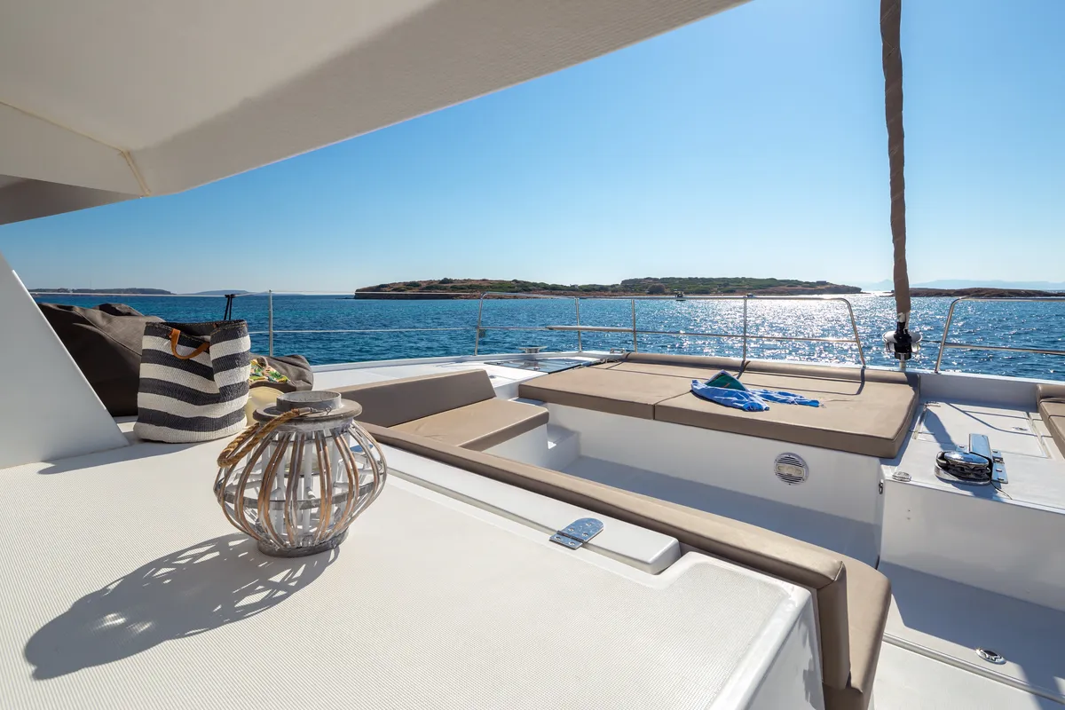 Deck of License to Chill (crewed), a Bali 5.4 catamaran at Athens, Greece