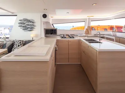 Galley of License to Chill (crewed), a Bali 5.4 catamaran at Athens, Greece
