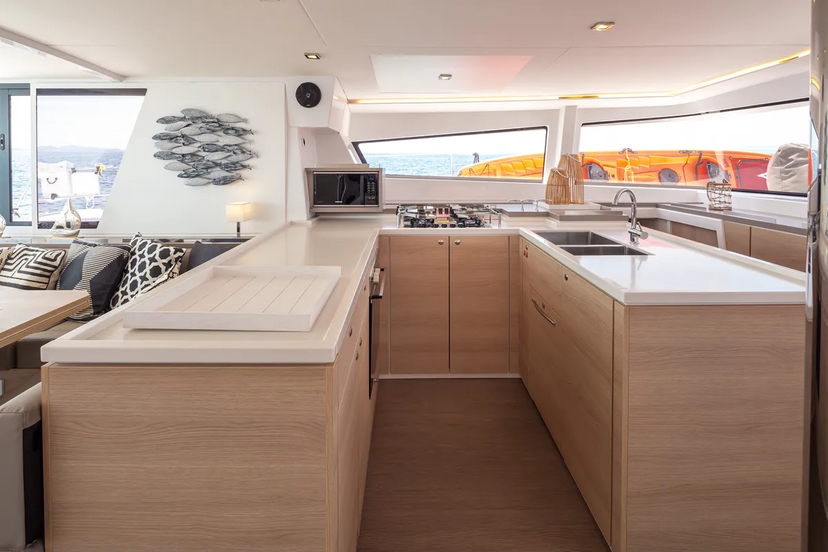 Galley of License to Chill (crewed), a Bali 5.4 catamaran at Athens, Greece